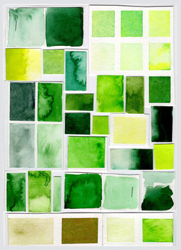 Abstract collage of green watercolor swatches on paper