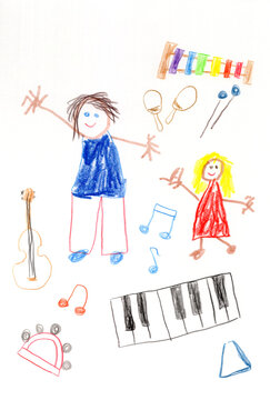 Colorful drawing of stick figure and musical instrument
