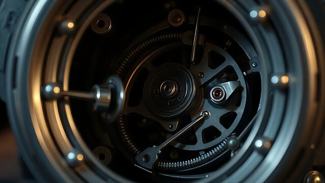 Close-up of intricate metallic mechanisms in a magic trick device with dramatic lighting.