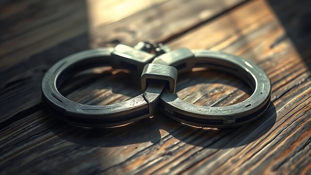 Broken iron handcuffs resting on aged wood, sunlight catching the fractured edges, symbolizing liberation.