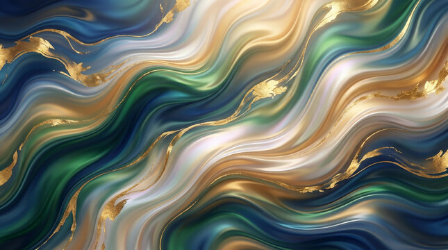 Abstract fluid marble artwork with flowing blue, emerald green and cream waves, luxurious gold foil accents, elegant liquid motion, modern wall art style, premium texture, sophisticated abstract 