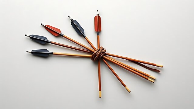 Five arrows bound together by a leather strap on a neutral background, symbolizing unity.