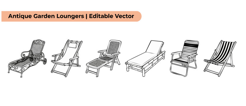 Antique garden loungers vector set of vintage outdoor deck chairs and patio sunbeds for backyard relaxation, summer vacation, and tropical beach leisure designs isolated on the white background setup