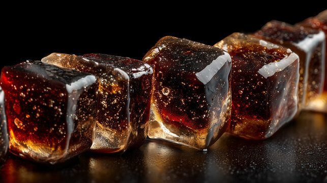 Close-up of Glazed Amber Ice Cubes with Bubbles on Dark Surface
