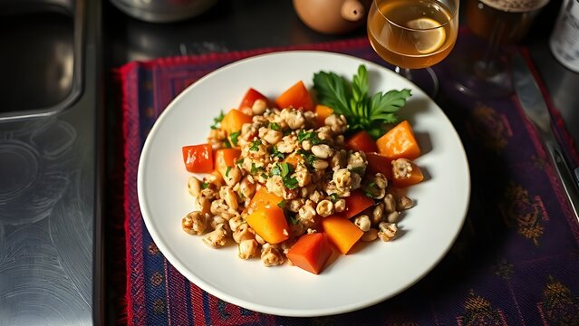 Ceviche with Peruvian corn and sweet potato, pisco sour, culinary heritage concept.