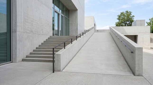 Concrete Stairs Beside Accessibility Ramp at Modern Minimalist Building, Inclusion and Access Concept