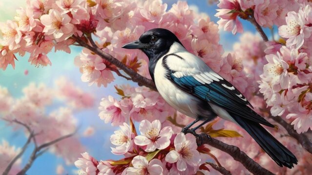  Beautiful Eurasian Magpie perched among blooming pink cherry blossoms