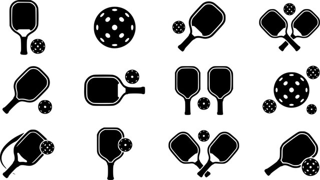 Pickleball racket and ball silhouette icon set, flat black 
glyph style, pure white background