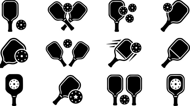 Pickleball racket and ball silhouette icon set, flat black 
glyph style, pure white background