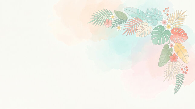 Minimalist Tropical Luau Background with Watercolor Leaves and Exotic Flowers for Summer Event
