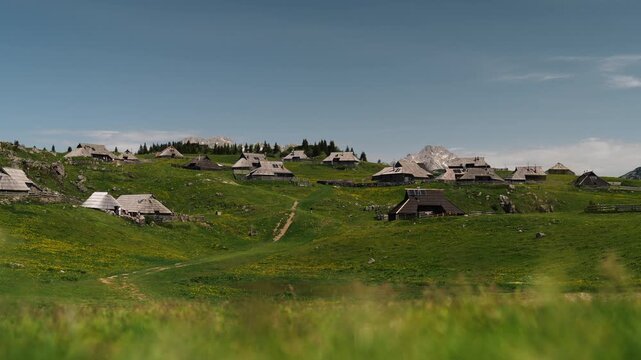Traditional wooden shepherd cabins on Velika Planina surrounded by green alpine meadows and mountain scenery during sunny summer day in Slovenia.