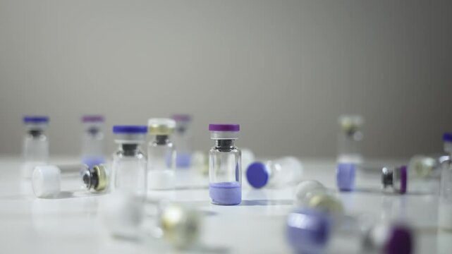 Cinematic counter-clockwise orbit around a pharmaceutical vial surrounded by scattered research vials on white surface. [Peptide concept]