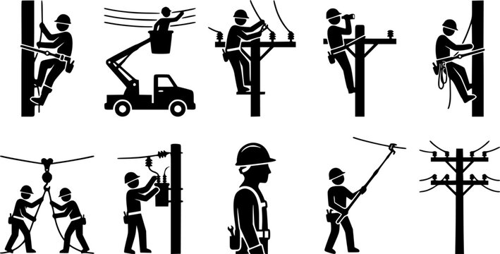Lineman silhouette icon set, flat black glyph style, pure white background