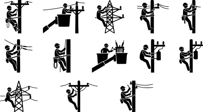 Lineman silhouette icon set, flat black glyph style, pure white background