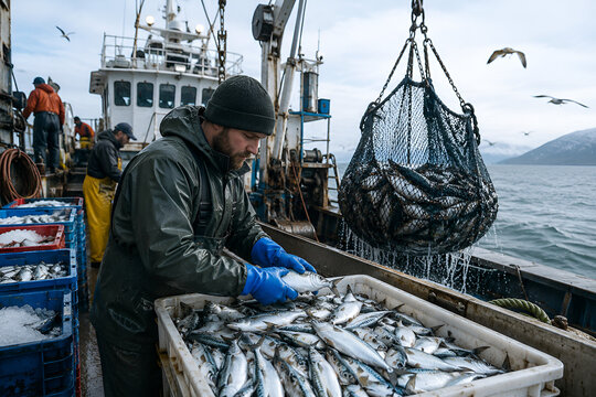 Commercial fisherman sorting fresh fish catch into crates on trawler boat deck, industrial maritime fishing industry vessel harvesting seafood on open sea