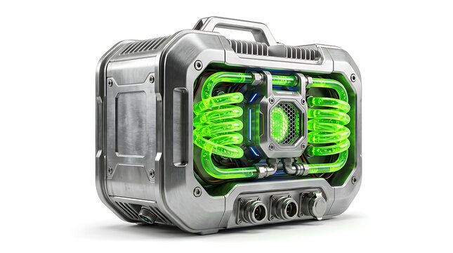 Isolated futuristic metallic power core with glowing green energy fluid circulating through advanced reactor technology system