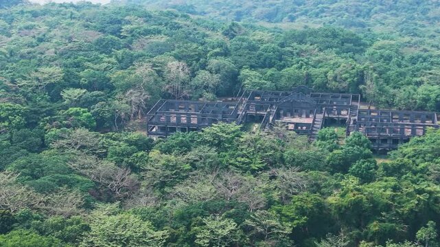 Aerial Drone Track Barracks Ruin Hidden Jungle Forest Military War View Corregidor Island Manila Philippines