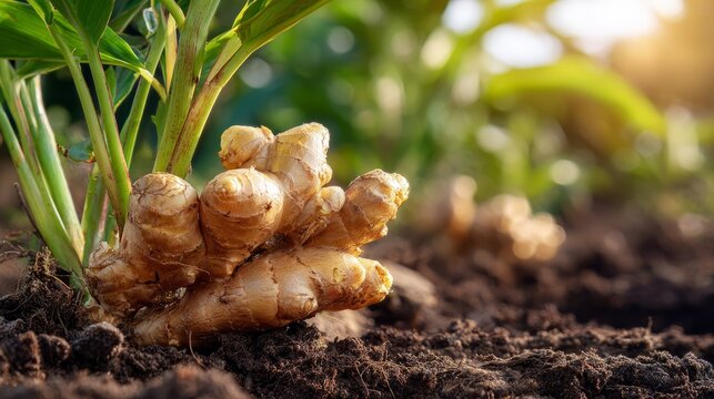 Fresh ginger root freshly harvested from garden soil in warm sunlight showing organic culinary herb close-up with earthy texture and natural farming concept for healthy eating and herbal ingredients