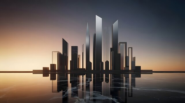 Abstract skyline reflection on polished surface - Ideal for corporate financial branding, luxury real estate, or graphic backgrounds.