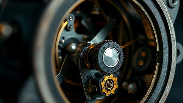 Close-up of intricate metallic mechanisms in a magic trick device with dramatic lighting.