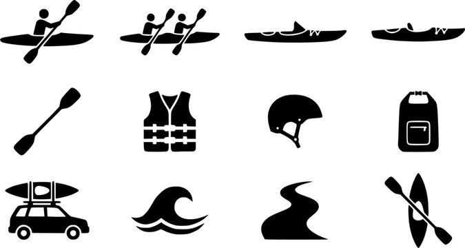 Kayaking silhouette icon set, flat black glyph style, pure white background