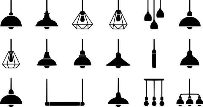 Pendant lamps silhouette icon set, flat black 
glyph style, pure white background