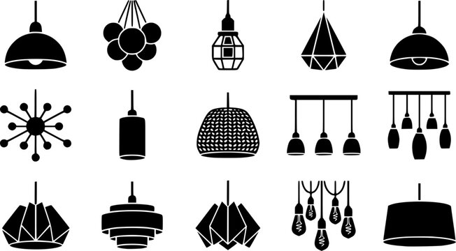 Pendant lamps silhouette icon set, flat black 
glyph style, pure white background