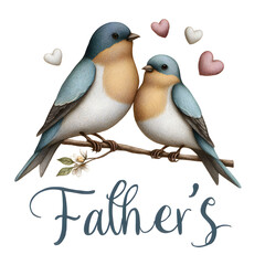 Fototapeta premium Two cute bluebirds sitting on a branch with hearts isolated on white background