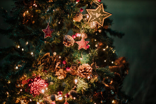 Close-up of illuminated Christmas tree at night