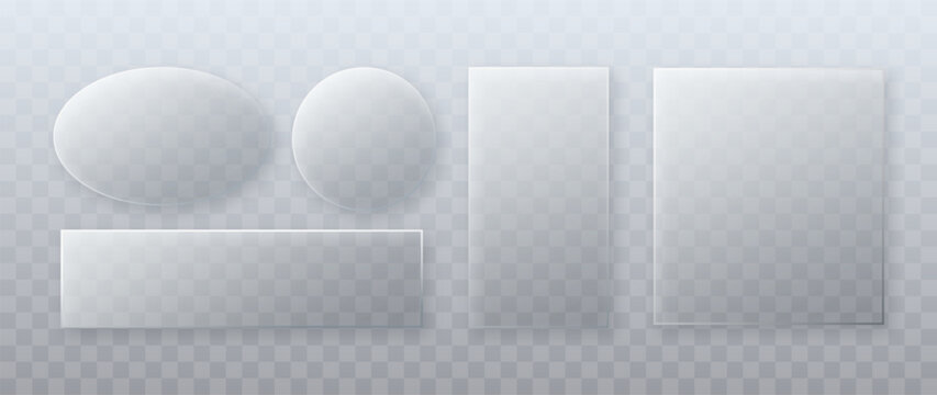 Glass clear window and transparent plate plastic with rectangle texture screen. Ios panel object and glass showcase mockup with 3d effect clear. Reflection glass banner and liquid transparent.