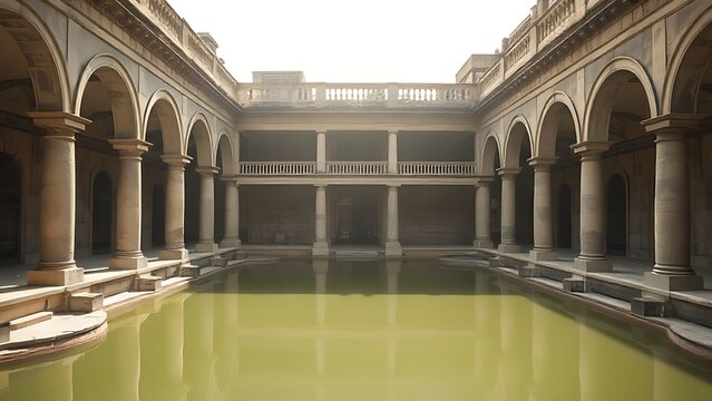 Ancient Roman bath ruins with stone pools under soft, diffused light.
