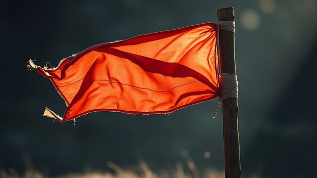 A tattered flag tied to a wooden pole, fluttering in strong wind.
