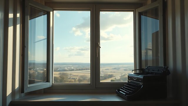 An open window with a landscape outside and an old typewriter on the windowsill.
