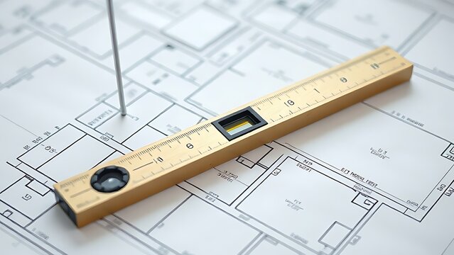 A spirit level and plumb bob arranged neatly on an architectural blueprint.