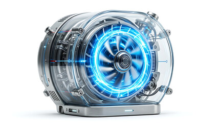 Naklejka premium Futuristic Blue Glowing Jet Engine Turbine Concept Isolated on White Background Representing Advanced Technology