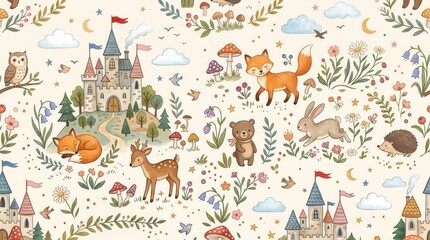 Obraz premium Charming cartoon scene with foxes, a bear, deer, and other creatures in a magical forest