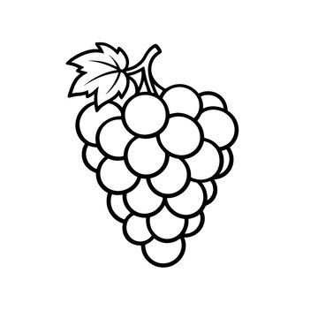 A black line drawing of a cluster of grapes with a leaf on top on transparent background