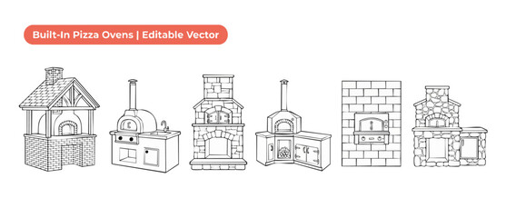 Obraz premium Built in pizza oven vector set of outdoor brick kitchen stove line art drawings for garden backyard cooking design elements isolated on white background for custom landscapes and architectural plans.