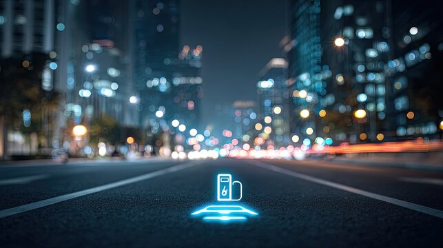 Glowing electric charging symbol on a dark, blurred city street at night