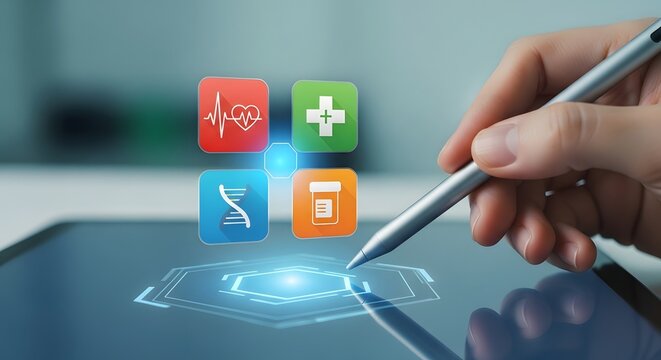 Hand using stylus pen on digital tablet screen displaying colorful medicine medical cross and healthcare icons