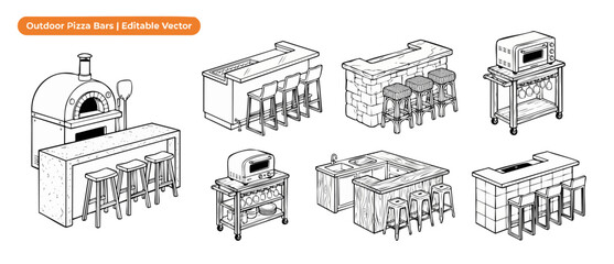Naklejka premium Outdoor kitchen pizza bar vector line art set featuring backyard patio BBQ counters, brick pizza ovens, stool seating, and utility carts for modern garden design projects; isometric outline drawings.