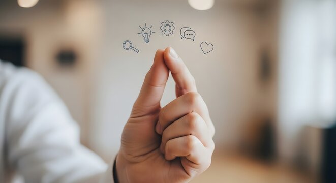 Hand gesture with icons of magnifying glass lightbulb gear speech bubble and heart over light background