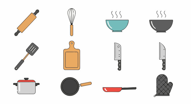 Various kitchen utensils and cookware arranged in a grid