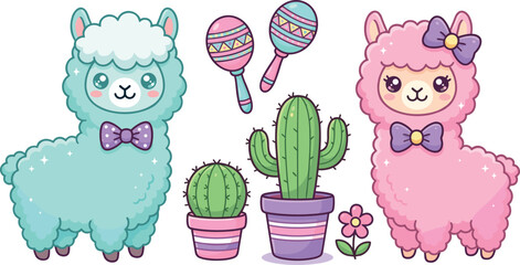 Cute kawaii llama and alpaca vector element set featuring pink and blue cartoon characters maracas cactus pots and bow tie decorations for sticker design. © Sumaiya Akter Sweety
