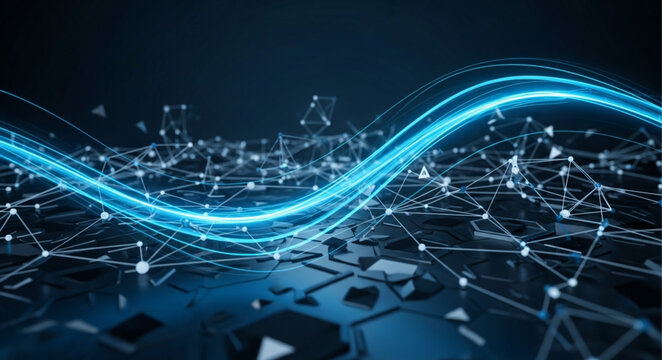 Abstract glowing blue wave flowing through digital network connections.