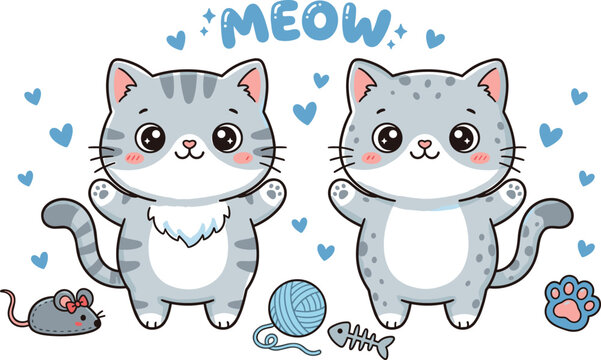Cute kawaii grey cat and kitten vector illustration character set featuring toy mouse yarn ball fishbone and hearts for nursery sticker design.