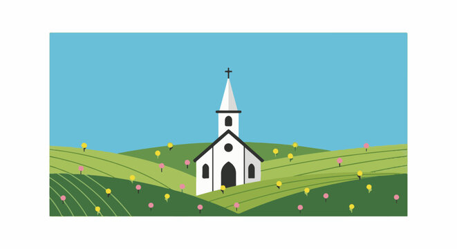 White church with cross stands on a green hill with colorful trees