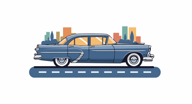 Vintage blue sedan on a road with city skyline background
