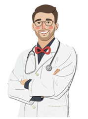 Fototapeta premium Friendly male doctor illustration with open arms, welcoming medical professional cartoon character isolated on white background