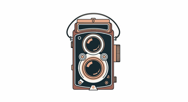 Vintage twin-lens reflex camera with a brown and black body and a strap